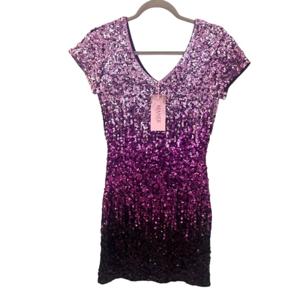 Maner Womens Purple Ombre Sequin V-Neck Mini Dress MA801# Size S NWT